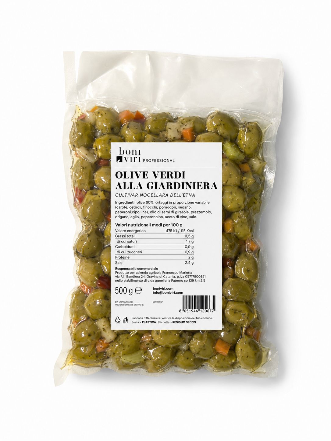 Olive verdi Nocellara dell'Etna condite alla giardiniera in confezione da 500gr Boniviri