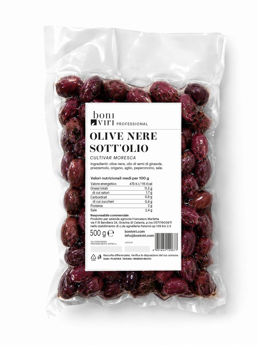 Confezione da 500gr di Olive Nere sott'olio 500 gr Boniviri