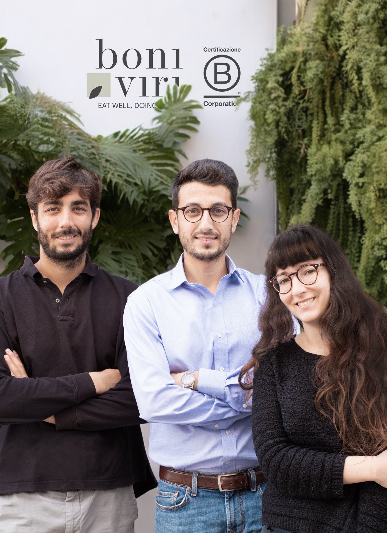 Fondatori di Boniviri Alessandra Tranchina Corrado Paternò Castello e Sergio Sallicano con logo Boniviri e certificazione BCorp